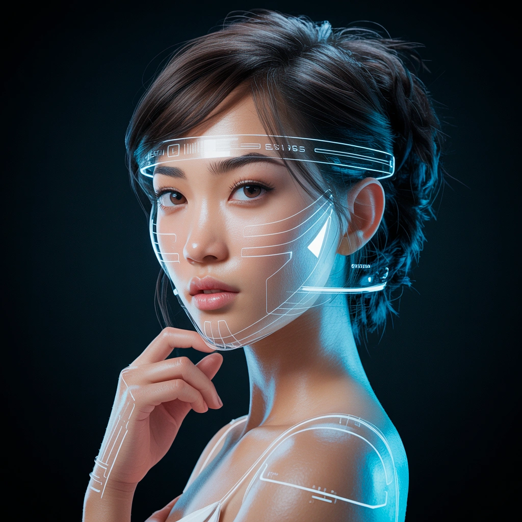 Clearly adult synthetic futuristic editorial companion portrait