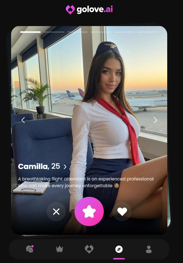 Interfaz de perfil de personaje móvil Golove AI para Camilla, 25 años